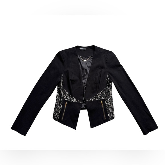 bebe Jackets & Blazers - Bebe Black Lace Panel Cropped Blazer Jacket Large Dark Femme Gothic Fitted